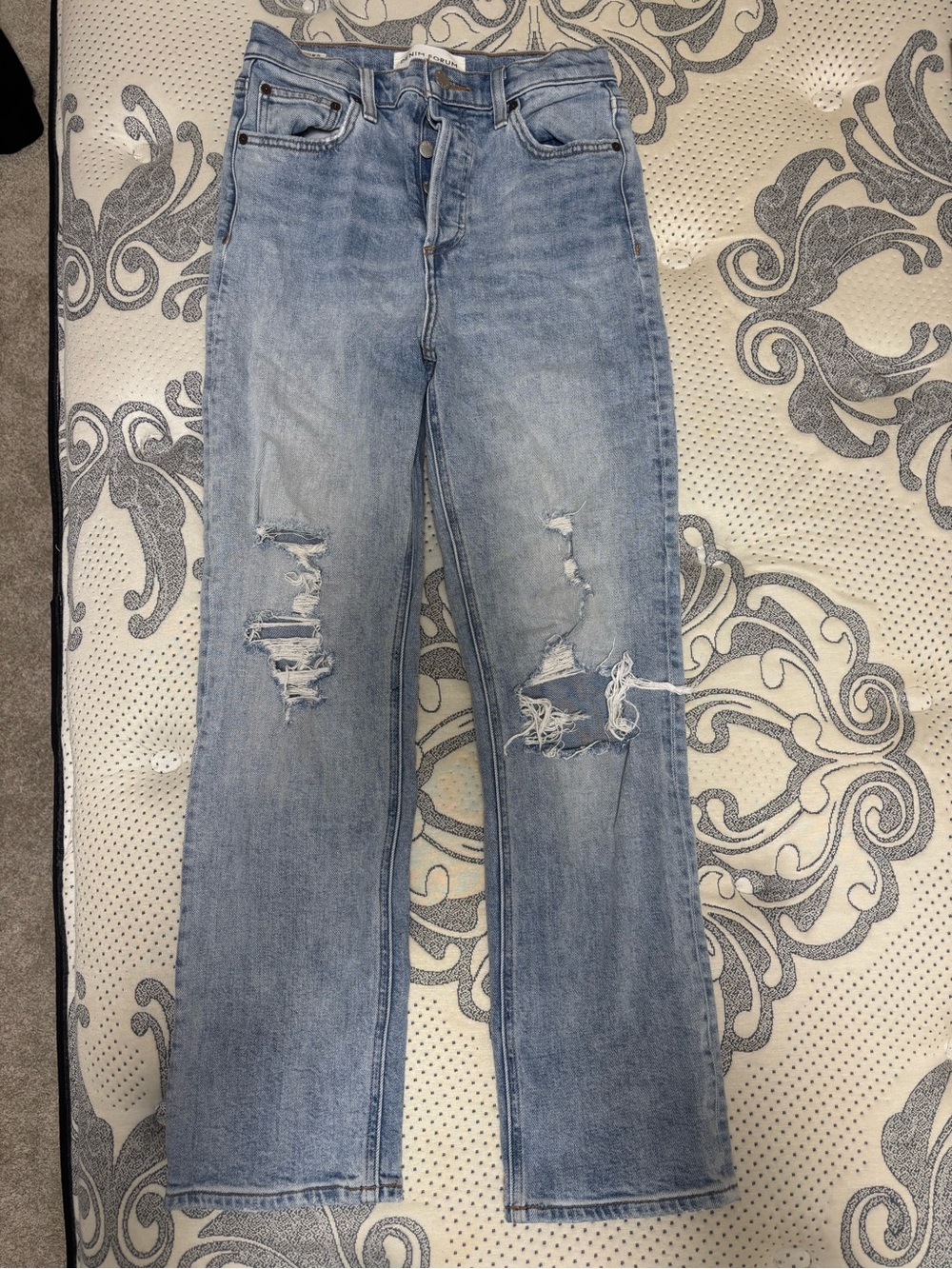 Denim Forum Light Blue Distressed Straight Leg Jeans